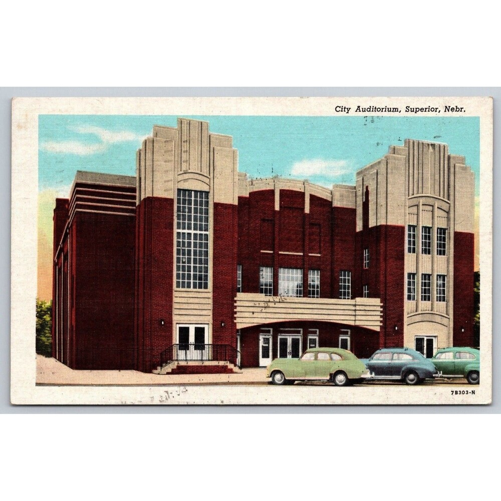 Vintage Superior NE Postcard 1955 City Auditorium Art Deco WPA Maverick Concert